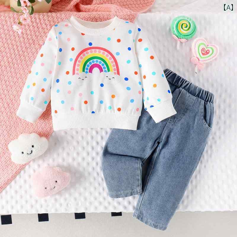 フロントップ楽天市場店のセットアップ 女の子 ベビー キッズ 子供服 上下セット 長袖 トップス ロングパンツ ズボン レインボー 虹柄 プリント ホワイト 白 欧米風 カジュアル 秋冬 コットン 綿素材 暖かい 保温 幼児 赤ちゃん 通園 普段着 お出かけ かわいい｜アングル2
