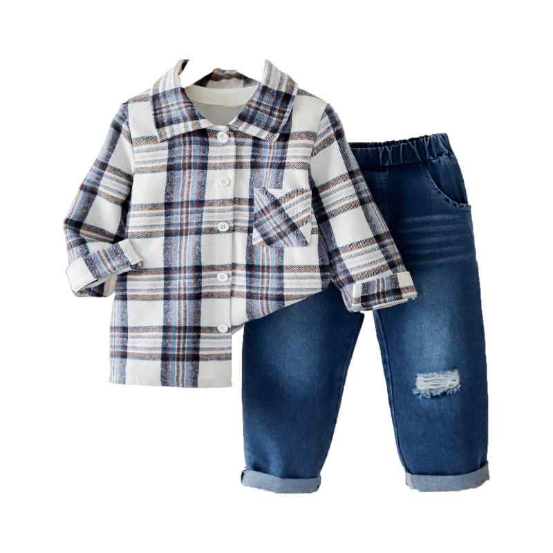 セットアップ 女の子 キッズ 子供服 チェック柄 長袖 シャツ ジャケット デニムパンツ 綿 コットン 柔らかい カジュアル 春秋 ブルー かわいい 普段使い 通園 通学 欧米風