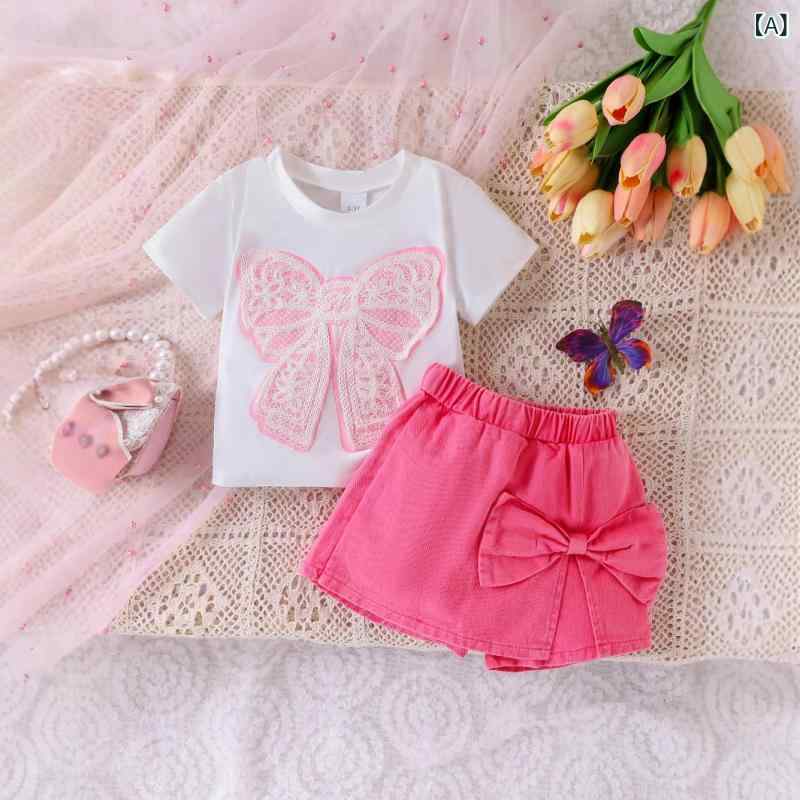 乐天商城 - セットアップ 女の子 キッズ 子供服 上下セット 2点セット 半袖 Tシャツ リボン デニム キュロット スカート風ショートパンツ 春夏 ローズ ピンク コットン 綿 柔らかい 通園 通学 お出かけ カジュアル 欧米風 かわいい
