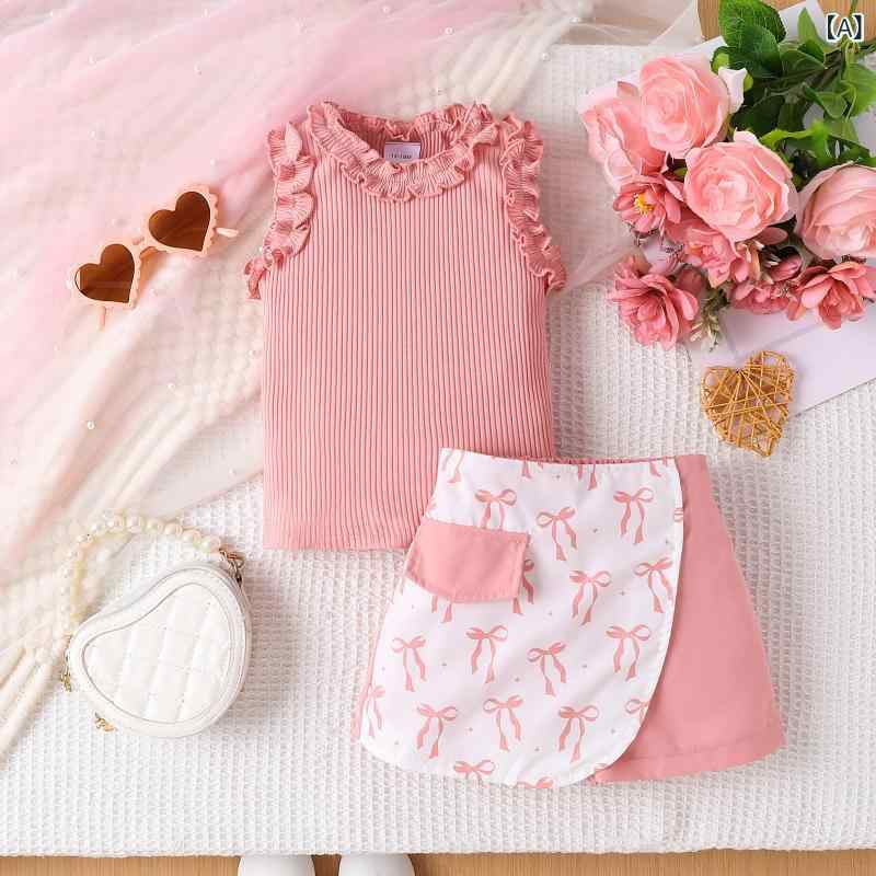 セットアップ 女の子 キッズ 子供服 春夏 欧米風 リブ フリル ノースリーブ トップ...