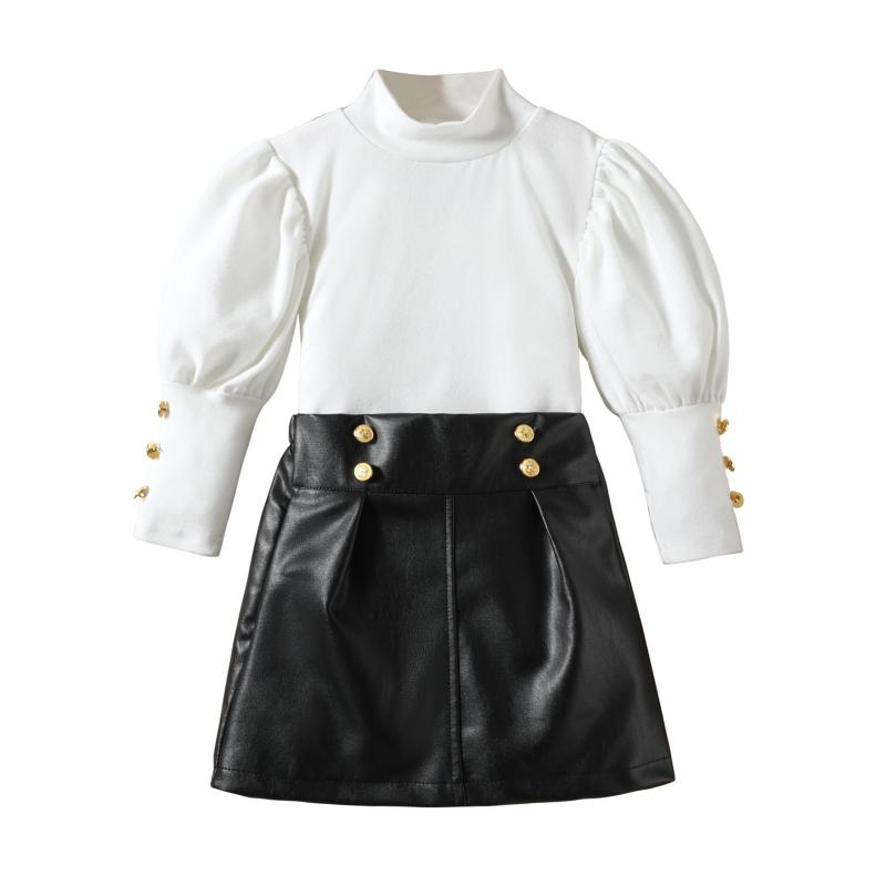 Rakuten - セットアップ 女の子 キッズ 子供服 秋冬 長袖 パフスリーブ トップス レザースカート 合皮 無地 シンプル 異素材 ボタン 通学 お出かけ かわいい おしゃれ カジュアル 欧米風 ブラック ブラウン