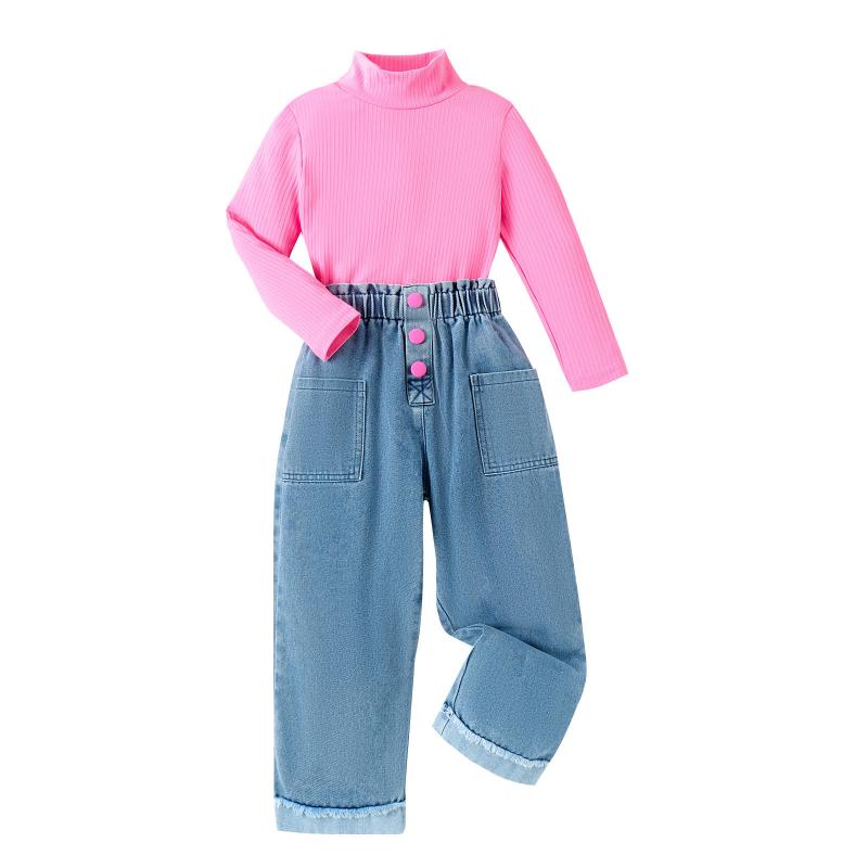 Top & Bottom Sets - セットアップ 女の子 キッズ セーター ニット ハイネック 長袖 プルオーバー デニム パンツ ジーンズ ズボン 無地 秋冬 コットン 綿 ローズレッド ピンク カジュアル 普段使い 通学 柔らかい かわいい