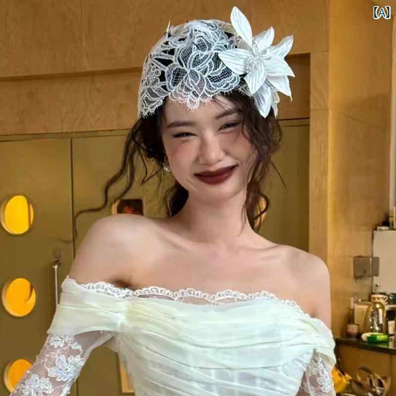フロントップ楽天市場店のヘッドドレス レディース 帽子 レース フラワー フレンチスタイル エレガント レトロモダン ヴィンテージ風 ハンドメイド ブライダル ウェディング 結婚式 撮影用 写真映え ヘアアクセサリー ターバン 白 春 清楚｜アングル2