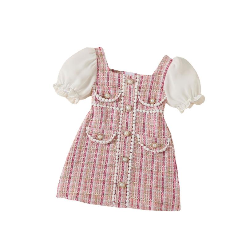 Rakuten - ワンピース キッズ 女の子 子供服 ツイード風 ドレス チェック柄 格子柄 パール ボタン パフスリーブ ファーボール かわいい 上品 高級感 秋冬 発表会 フォーマル ピンク スカイブルー 綿 カジュアル ガーリー