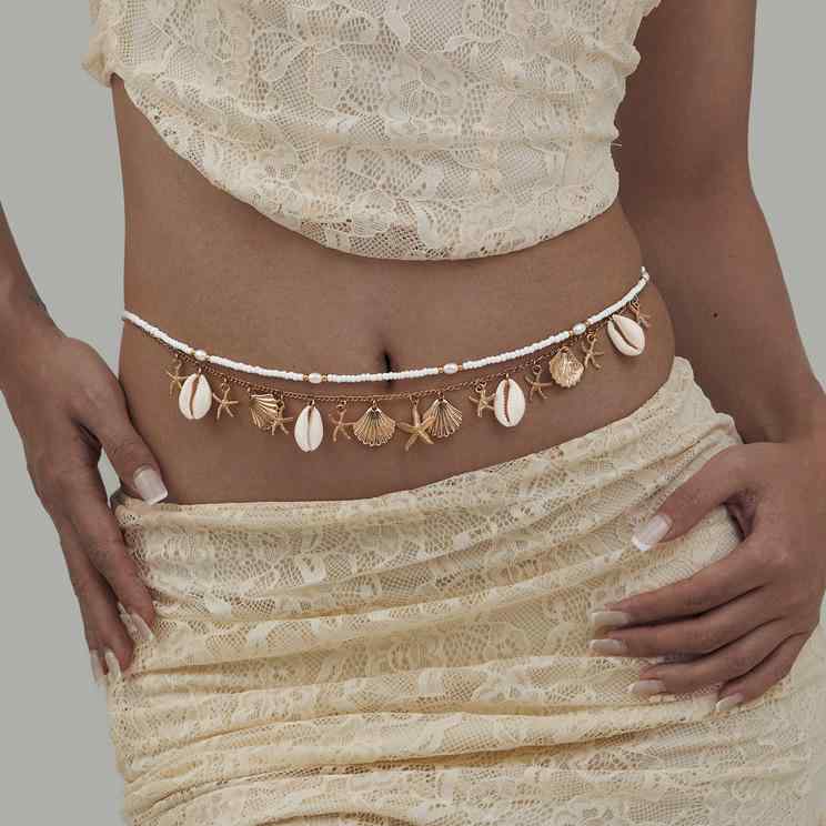 ボディチェーン レディース ウエスト ビーチ リゾート 海 貝殻 シェル フェイクパール ヒトデ チャーム 欧米風 ボヘミアン ゴールド 合金 アクセサリー 水着 華やか エレガント オールシーズン 80-100cm