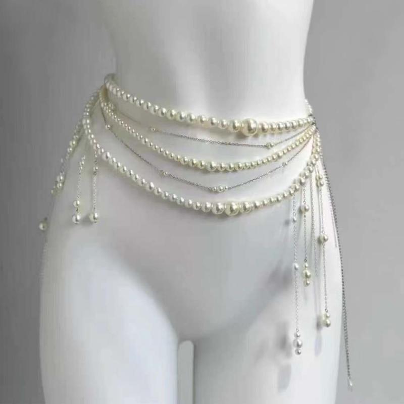 Hawaiian Jewelry - ウエストチェーン レディース 腰飾り ボディアクセサリー パール フェイクパール フラワー 花 タッセル フリンジ 多層 レイヤード 重ね付け 高級感 セクシー おしゃれ トレンド オールシーズン 甘辛ミックス
