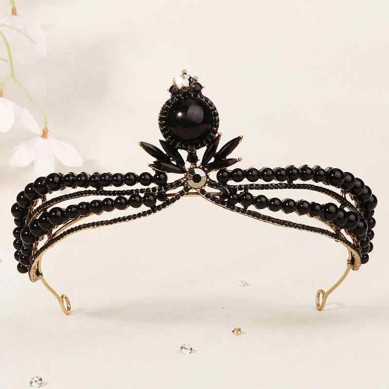 ティアラ レディース バロック ヴィンテージ風 花嫁 ヘッドドレス クラウン 王冠 結婚式 披露宴 二次会 ヘアアクセサリー ブラック パール 髪飾り ブライダル フォーマル 華やか 記念日 誕生日 お呼ばれ 秋冬 大ぶり 電気メッキ加工 合金 高級感