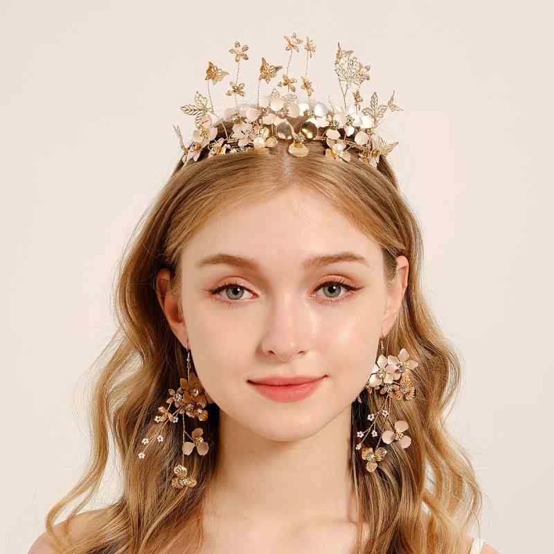 ヘアアクセサリー レディース カチューシャ ピアス セット ゴールド 花 フラワー 蝶 バタフライ リーフ ブライダル 前撮り 結婚式 花嫁..