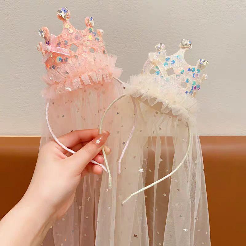 Cachucha - カチューシャ キッズ 女の子 プリンセス ティアラ ベール 王冠 誕生日 スパンコール ラインストーン ビジュー キラキラ ヘアアクセサリー 髪飾り パーティー 発表会 高級感 リボン ハート ベージュ ピンク 春夏