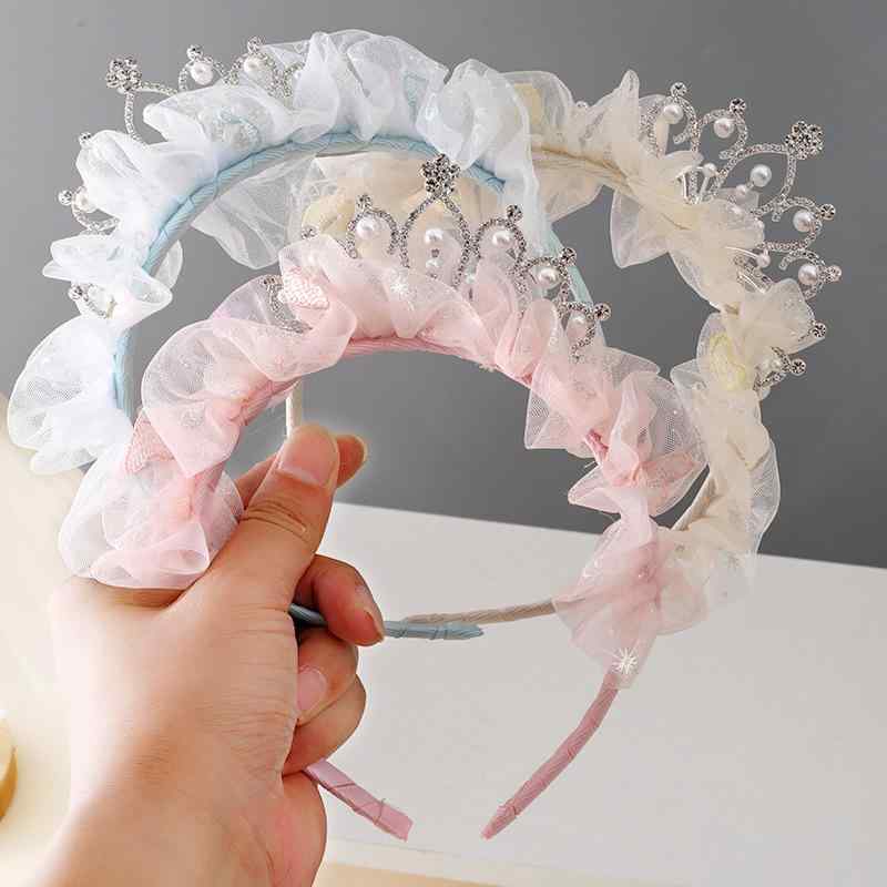 カチューシャ 女の子 キッズ 王冠 ティアラ 髪飾り ヘアアクセサリー チュール メッシュ プリンセス お姫様 かわいい フェミニン リボン フリル ハンドメイド 誕生日 パーティー 発表会 ブルー ピンク ベージュ 春夏(4.0)