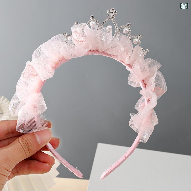 フロントップ楽天市場店のカチューシャ 女の子 キッズ 王冠 ティアラ 髪飾り ヘアアクセサリー チュール メッシュ プリンセス お姫様 かわいい フェミニン リボン フリル ハンドメイド 誕生日 パーティー 発表会 ブルー ピンク ベージュ 春夏｜アングル3