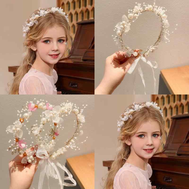 カチューシャ 子供 女の子 ヘアアクセサリー ヘッドドレス 髪飾り 花冠 フラワー フェイクパール リボン 蝶 スズラン クリスタル ハンドメイド かわいい 結婚式 発表会 パーティー ホワイト ピンク ブルー 春夏