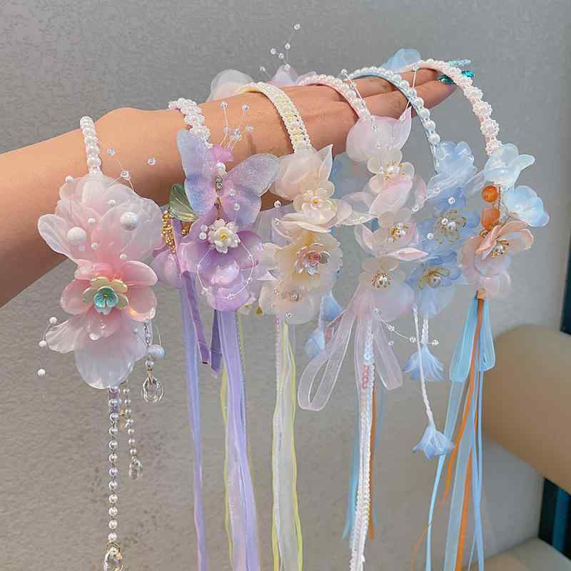 Cachucha - カチューシャ 子供 女の子 髪飾り ヘアアクセサリー ヘッドドレス 中華風 漢服 レトロ フェアリー フリンジ タッセル ロングリボン 揺れる 花 モチーフ かわいい 清楚 ハンドメイド エレガント 高級感 和装 発表会 七五三 お正月 春夏 ピンク レ