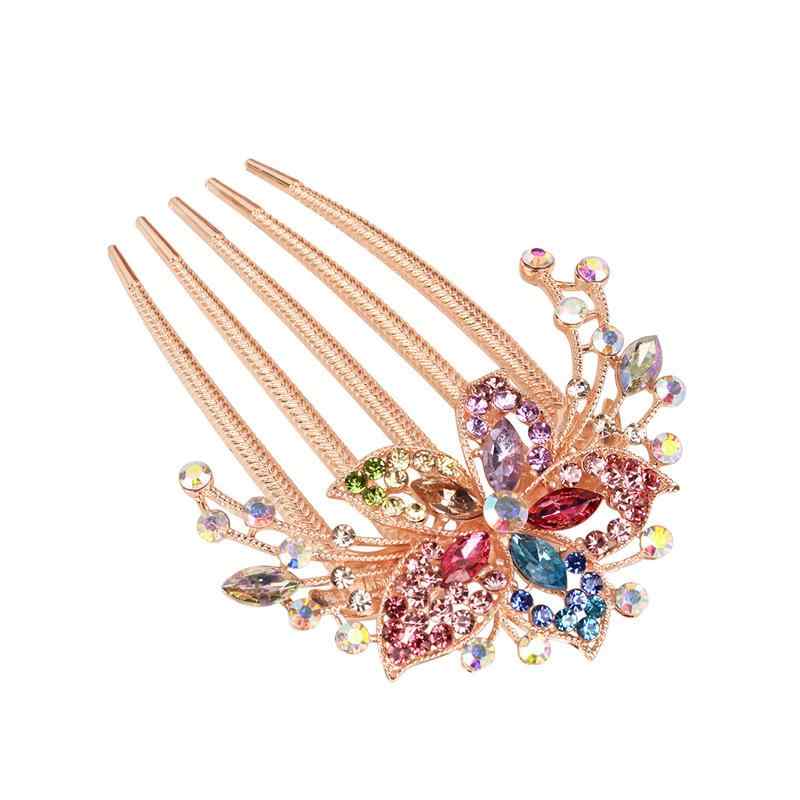 ヘアコーム レディース アクセサリー 髪飾り 留め具 挿し櫛 花 フラワー クリスタル ジルコニア 5本足 夜会巻き お団子 まとめ レトロ ヴィンテージ風 高級感 電気メッキ加工 華やか 上品 結婚式 披露宴 パーティー 秋冬 パープル ブルー シャン