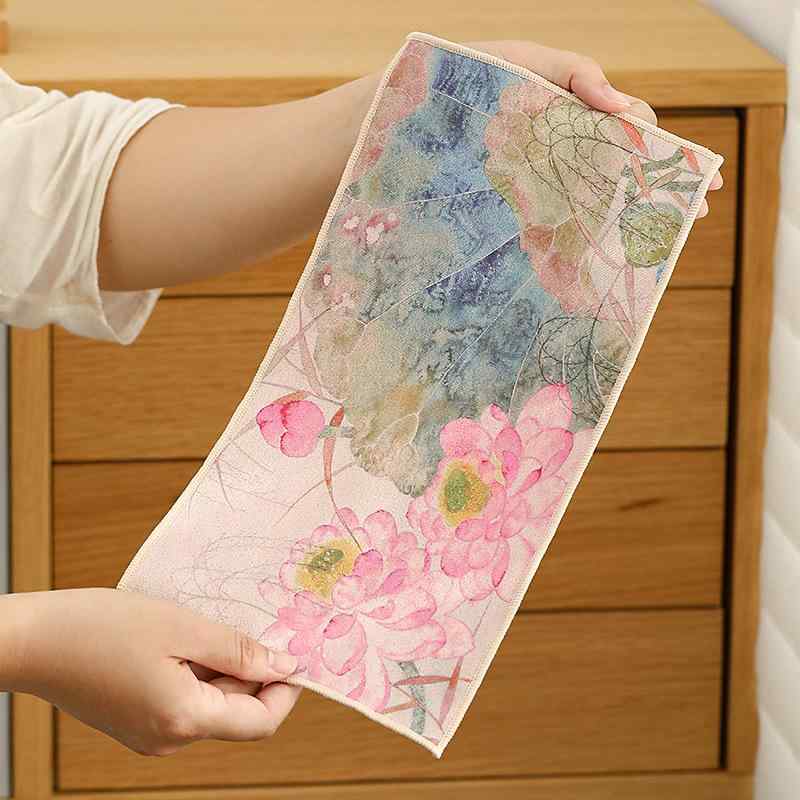 茶巾 中華風 厚手 吸水 茶道具 茶器マット ポットマット テーブルランナー 布巾 ティータオル キッチンクロス サンゴフリース マイクロファイバー モダン 長方形 和風 山水 蓮 竹 グレー ピンク ブルー おしゃれ
