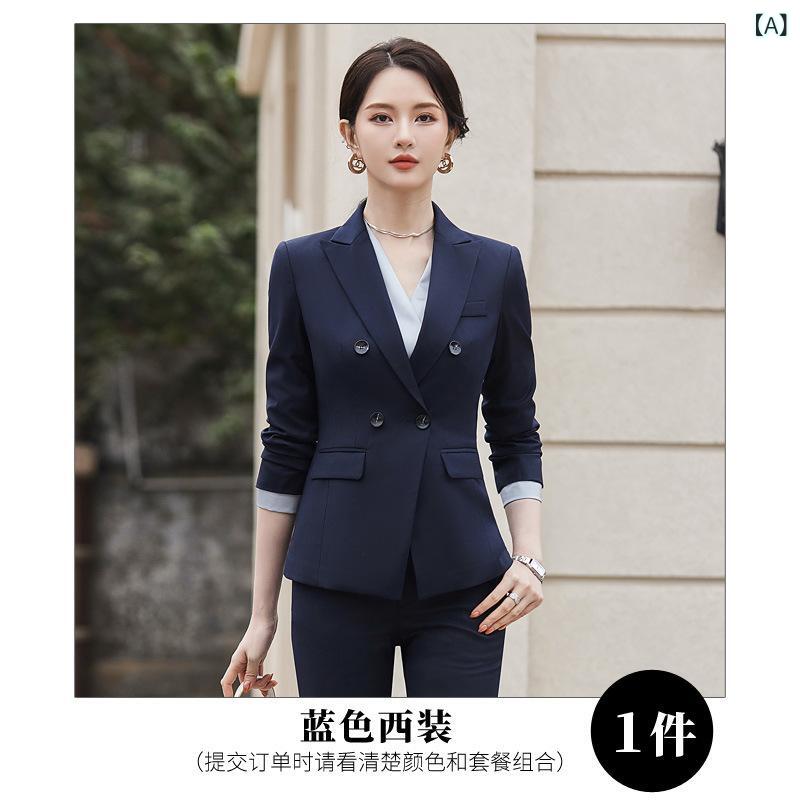 パンツスーツ レディース セットアップ ジャケット シャツ スラックス 上下セット 春秋 長袖 通勤 ビジネス オフィス フォーマル きれいめ エレガント 高級感 無地 ブルー ダークグレー ポリエステル 大きいサイズ 事務服 体型カバー frontop-13326488 フロントップ楽天市場店 サンプル画像2