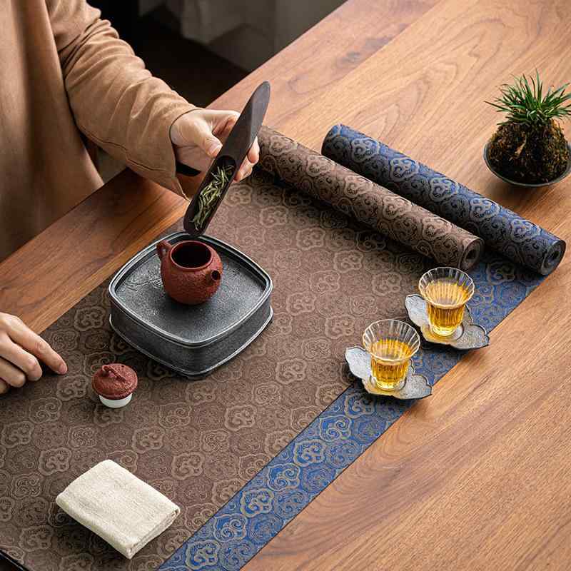 Hand Towel - テーブルランナー 茶席 防水 撥水 ティーマット 茶旗 敷物 布製 中国風 禅意 ジャガード 織物 如意柄 高級感 断熱 おしゃれ かわいい 功夫茶 茶器 茶具 28*200 ピンク ブラウン グリーン インテリア キッチン雑貨 アジアン
