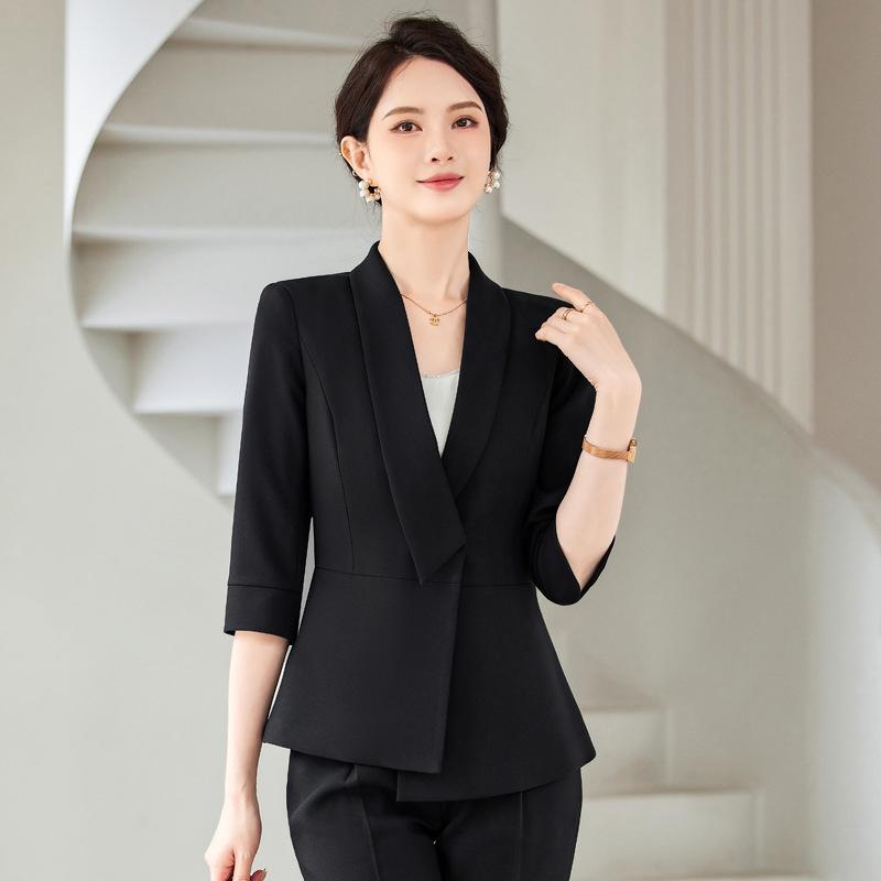 セットアップ レディース 夏 五分袖 スーツ 上下セット 通勤 事務服 制服 高級感 テーラードジャケット パンツ スカート エレガント きれいめ ビジネス 美容 宝石店 エステサロン TR素材 涼しい グレー ブラック