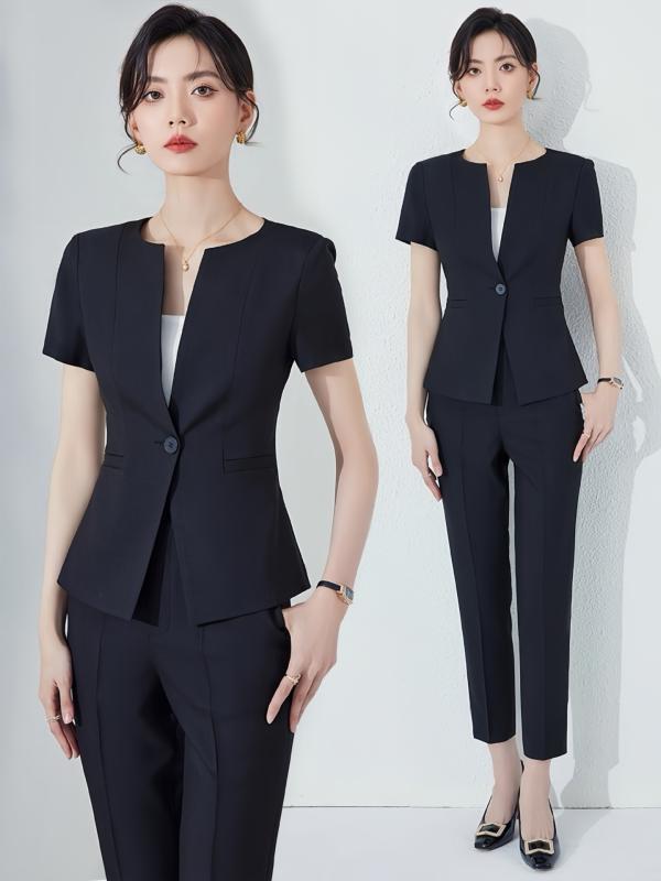 セットアップ レディース スーツ 半袖 ジャケット 事務服 制服 ビジネス 春夏 5分丈パンツ スカート 2点セット エレガント 上品 高級感 ポリエステル ブラック ブルー グリーン 無地 シンプル 大きいサイズ