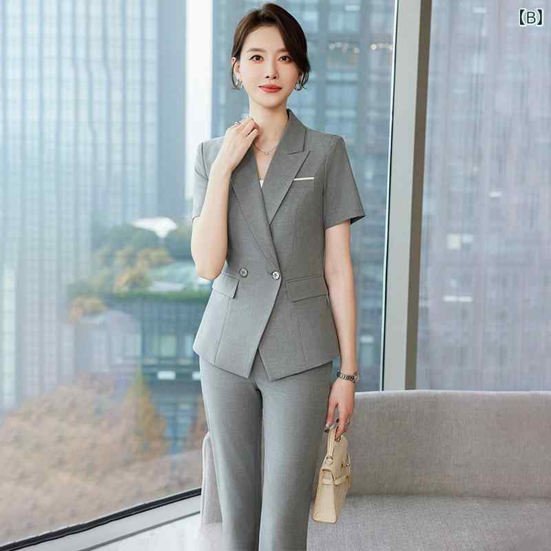 スーツ レディース セットアップ 春夏 半袖 テーラードジャケット 事務服 制服 仕事用 ビジネス 通勤 接客 ホテル フォーマル 上品 きれいめ 高級感 大きいサイズ パンツ スカート オフィス カジュアル エレガント 婦人服 スリム ネイビー グレー frontop-13327022 フロントップ楽天市場店 サンプル画像3