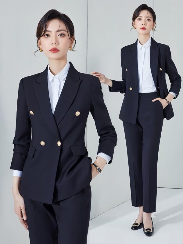 Pants Suit - セットアップ レディース スーツ ジャケット パンツ スカート 2点セット 長袖 春秋 面接 就活 通勤 事務服 制服 ビジネス フォーマル 高級感 ポリエステル きれいめ 上品 無地 テーラード ネイビー ブラック グレー
