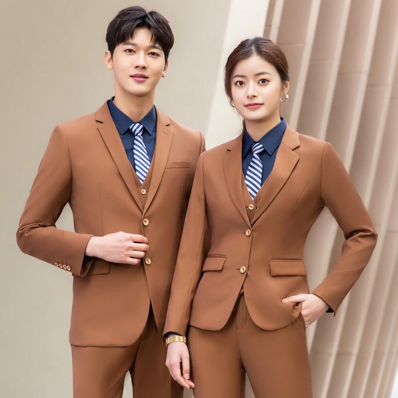スーツ メンズ レディース キャメル ビジネス 通勤 事務服 セットアップ 秋冬 長袖 ジャケット ブレザー パンツ スラックス ベスト コットン混 ユニフォーム フォーマル シンプル 無地 ベーシック テーラード