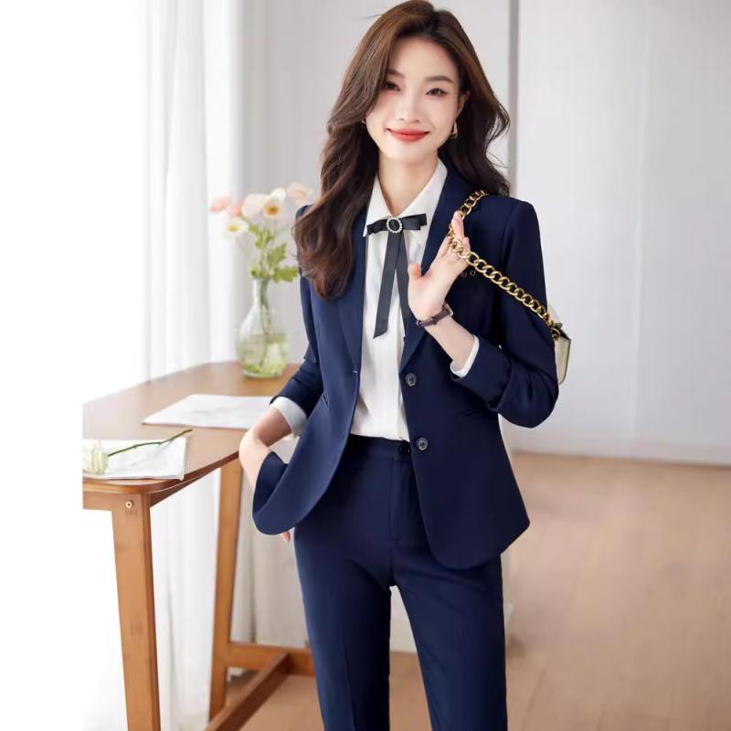 Pants Suit - セットアップ レディース スーツ 上下セット パンツスーツ スカートスーツ テーラードジャケット 事務服 通勤 オフィス ビジネス 正装 フォーマル リクルート 秋冬 上品 きれいめ 高級感 スリム ネイビー アプリコット ブラック ポリエステル 長袖