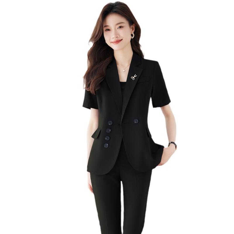 スーツ レディース セットアップ 春夏 半袖 テーラードジャケット ロングパンツ 上下セット 事務服 ビジネス オフィス OL 高級感 おしゃれ ウエストシェイプ 襟 無地 カジュアル 通勤 面接 就活 青 黒 グレー TR素材 上品 エレガント