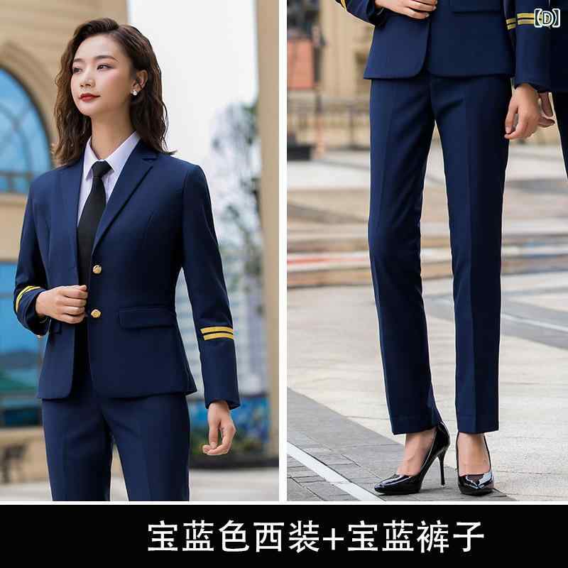 セットアップ メンズ レディース 航空学校 パイロット 機長 ホテル 制服 仕事服 職業服 ユニフォーム 秋冬 芸大受験 面接用 長袖 ポリエステル 上品 エレガント OL 通勤 黒 ロイヤルブルー 高級感 ビジネス フォーマル 3