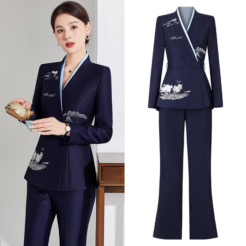 セットアップ レディース 春秋 ネイビー スーツ ジャケット フレアパンツ 長袖 ビジネス フォーマル 通勤 事務服 卒業式 上品 高級感 ヴィンテージ風 刺繍 きれいめ ベルボトム 写真映え