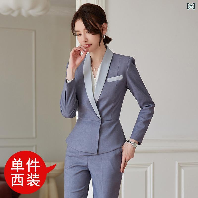 Suits For Job Interviews - スーツ レディース セットアップ 事務服 制服 受付 接客 ホテル 長袖 クロップドパンツ 9分丈 タイトスカート ビジネス フォーマル エレガント 上品 高級感 大きいサイズ グレー ブラック ブルー オールシーズン