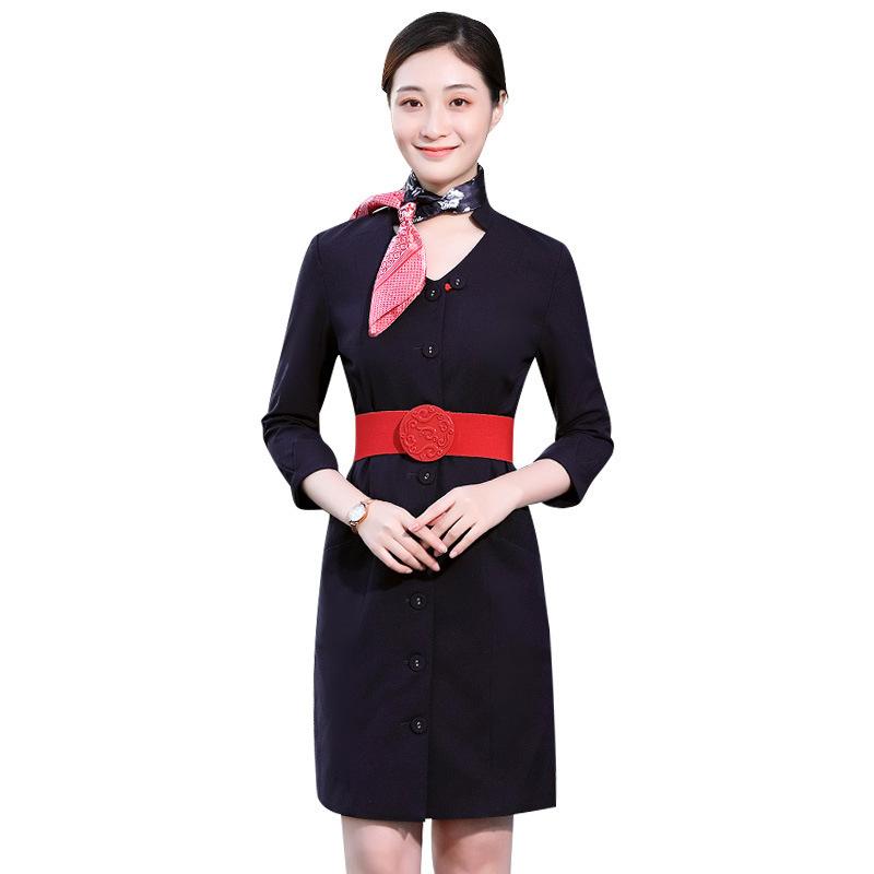 ワンピース レディース キャビンアテンダント 客室乗務員 制服 事務服 接客 美容院 受付 ユニフォーム スカーフ 春夏 膝丈 半袖 タイト..