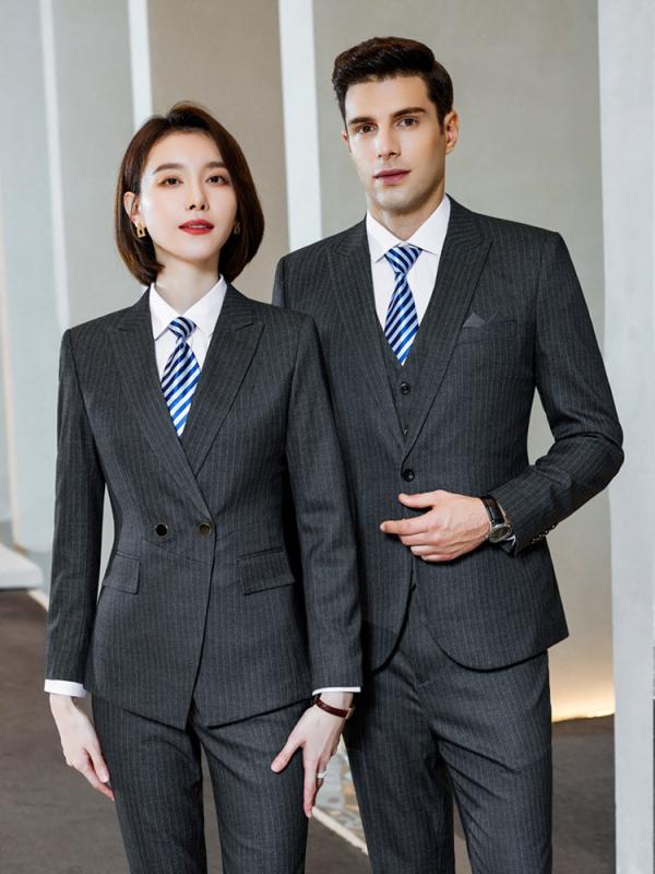 セットアップ メンズ レディース 秋冬 長袖 ジャケット パンツ スカート ストライプ柄 事務服 営業 接客 ユニフォーム ビジネス オフィス フォーマル レーヨン 伸縮性 高級感 グレー ブルー 着回し 上品