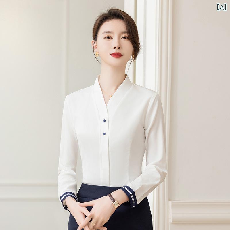 Pants Suit - シャツ レディース ブラウス 長袖 オフィス 通勤 ビジネス 事務服 仕事着 白 ホワイト トップス 無地 襟 きれいめ 上品 高級感 清楚 正装 フォーマル オールシーズン 30代 ゆったり 大きいサイズ