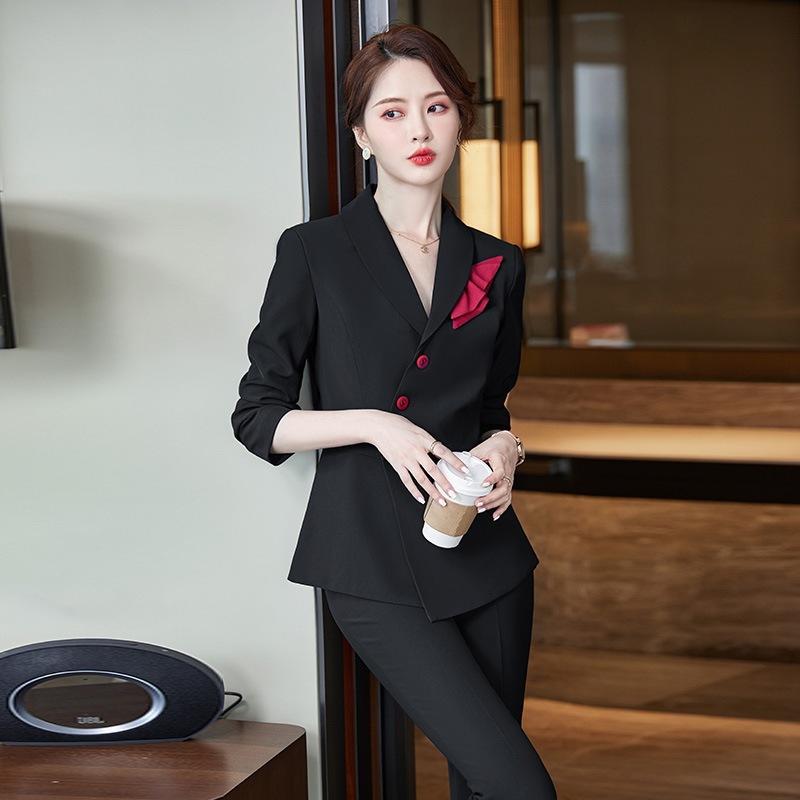 セットアップ レディース スーツ 事務服 制服 秋冬 ホテル 受付 美容院 高級感 長袖 テーラードジャケット ロングパンツ タイトスカート 上下セット ポリエステル 無地 ブラック ブルー 大きいサイズ フォーマル ビジネス 通勤 エレガント