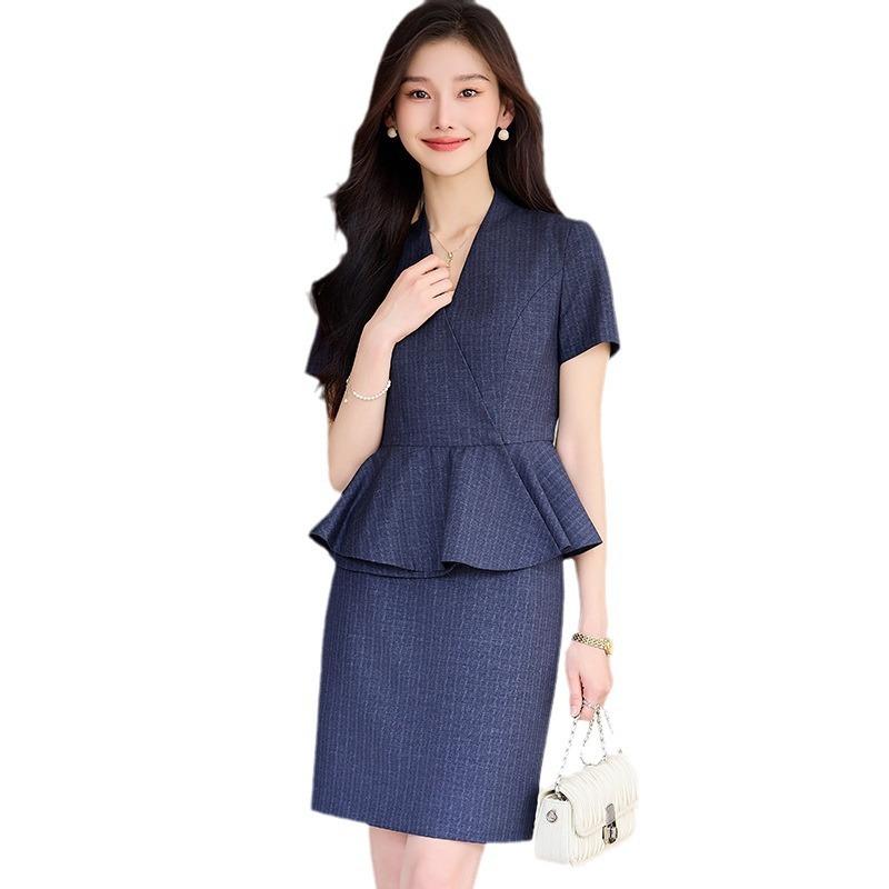 スーツ レディース セットアップ ジャケット パンツ スカート ブルー グレー ブラック 春夏 三分袖 事務服 ユニフォーム 受付 接客 美容院 低身長 小さいサイズ ポリエステル 高級感 上品 エレガント