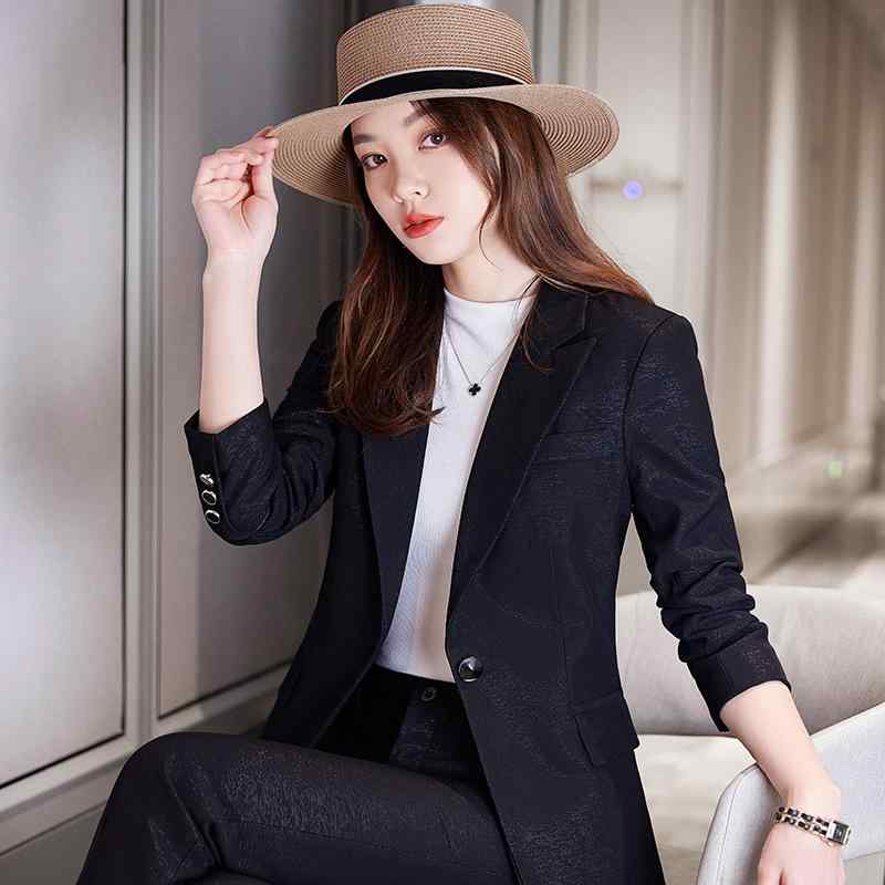 セットアップ レディース スーツ パンツスーツ ジャケット 長袖 ビジネス オフィス 通勤 フォーマル 事務服 制服 春夏 上品 エレガント 高級感 きれいめ スリム ストレッチ 伸縮性 着痩せ ブラック ブルー アプリコット
