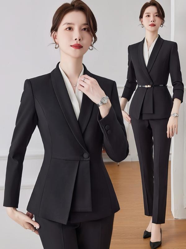 パンツスーツ レディース セットアップ ジャケット スラックス 春秋 事務服 ユニフォーム 高級感 エレガント きれいめ 上品 接客 受付 ホテル ポリエステル ブラック ダークブルー ホワイト