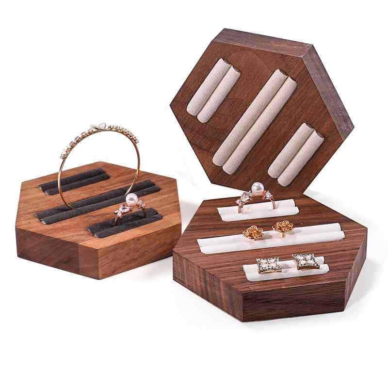 Accessories Supplies - ジュエリースタンド 天然木 ウォールナット 六角形 指輪置き ピアスホルダー アクセサリー収納 展示台 ディスプレイ 撮影小道具 店舗カウンター トレイ 高級感 ヴィンテージ風 レトロ ダークグレー ホワイト ベージュ