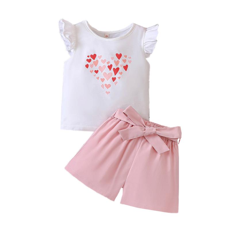 セットアップ 女の子 キッズ 子供服 半袖 Tシャツ ショートパンツ 上下 ハート柄 春夏 カジュアル ピンク ローズ 90-130cm 普段着 通園 通学 ポリエステル かわいい トップス ズボン 軽量 柔らかい