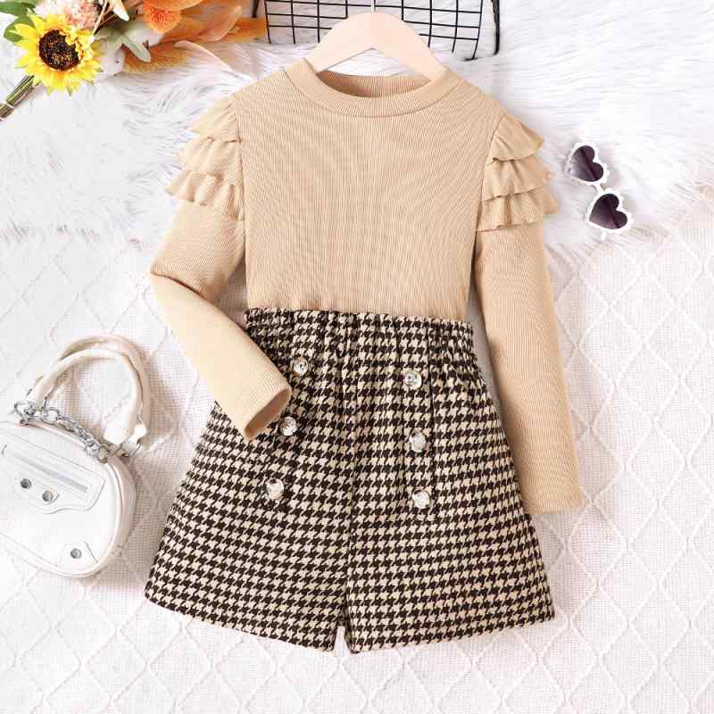 乐天商城 - セットアップ キッズ 女の子 秋冬 子供服 ニット トップス 上着 ボタン ショートパンツ ズボン カジュアル 普段使い お出かけ 通学用 防寒 厚手 かわいい おしゃれ 高級感 ポリエステル ブラウン 茶