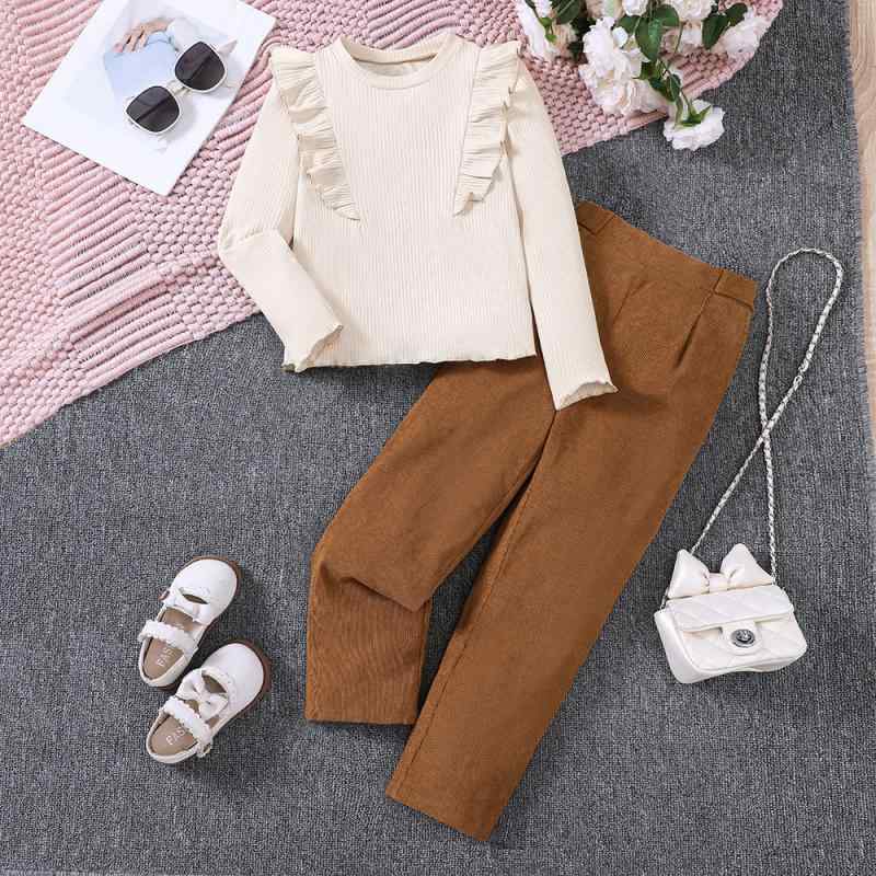 Dresses - セットアップ 女の子 キッズ 子供 女の子 秋冬 ニット セーター トップス コーデュロイ ロングパンツ 長ズボン カジュアル 普段使い 通学 お出かけ おしゃれ かわいい 高級感 ポリエステル アプリコット 暖かい 防寒