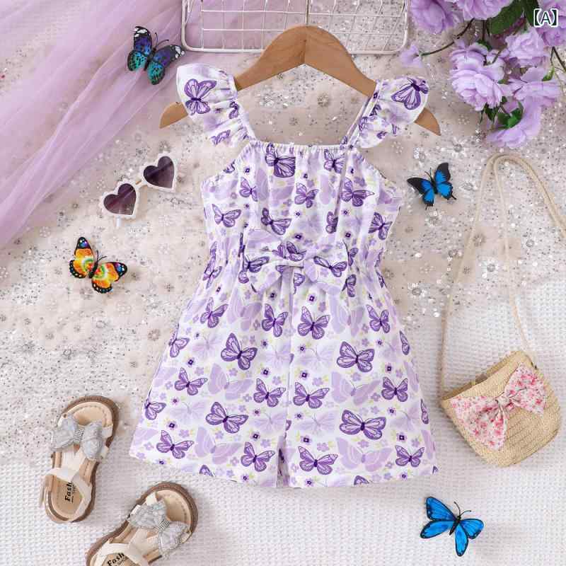 オールインワン 女の子 キッズ 子供服 サロペット ロンパース 春夏 蝶柄 プリント キャミソール ノースリーブ ショート丈 パープル 紫 ポリエステル 涼しい 軽量 通気性 カジュアル 普段使い お出かけ かわいい