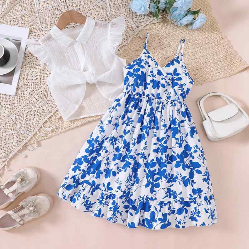 Dresses - セットアップ 女の子 キッズ 子供服 春夏 シャツ ブラウス キャミソールワンピース ジャンパースカート 花柄 プリント ブルー ポリエステル カジュアル 普段使い お出かけ 通学 小学生 ジュニア かわいい おしゃれ