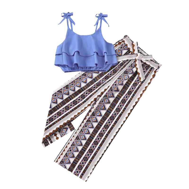 セットアップ 女の子 春夏 キャミソール クロップド丈 トップス ロングパンツ ボトムス カジュアル ジュニア ブルー ポリエステル 軽量 通気性 涼しい 普段使い 通学 部屋着 お出かけ 子供服 キッズウェア