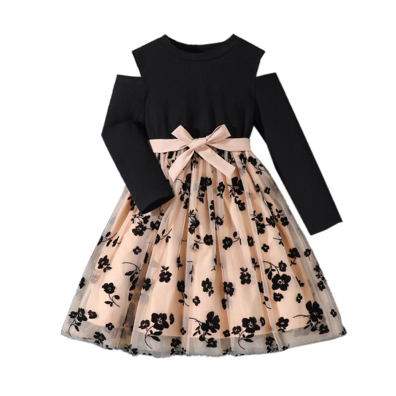 Dresses - ワンピース キッズ 女の子 秋冬 長袖 オフショルダー 肩出し チュール 刺繍 Aライン ブラック ポリエステル カジュアル お出かけ 発表会 普段使い かわいい ドレス 透け感 上品 おしゃれ フレア