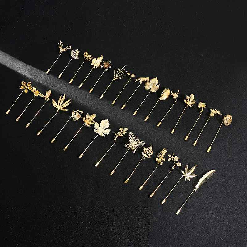 ブローチ メンズ レディース コサージュ ラペルピン ロング 植物 葉 花 鹿 トナカイ 羽根 金属 メッキ 高級感 華やか 韓国 レトロ ヴィンテージ風 個性的 おしゃれ スーツ 結婚式 ゴールド