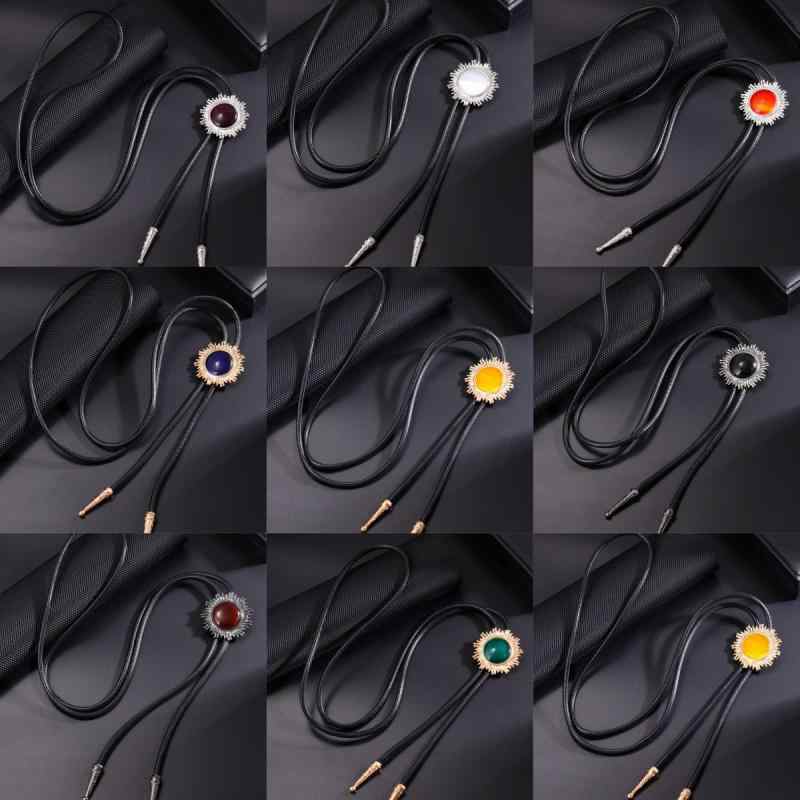 ループタイ メンズ レディース ボロタイ ネックレス パンク レザー ヴィンテージ風 アクリル 宝石 ヒップホップ ロング 幾何学 太陽 銅 電気メッキ加工 グリーン コーヒー イエロー 結婚式 パーティー アクセサリー 春夏