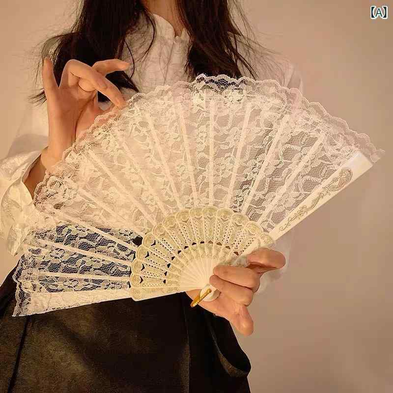フロントップ楽天市場店の扇子 レディース 折りたたみ 中華風 古風 漢服向け レース バラ 薔薇 ダンス用 浴衣用 撮影用 小道具 華やか エレガント 上品 透け感 シアー 春夏 ホワイト ブラック グレー 高級感 かわいい｜アングル2