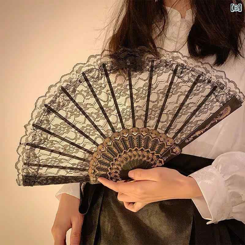 フロントップ楽天市場店の扇子 レディース 折りたたみ 中華風 古風 漢服向け レース バラ 薔薇 ダンス用 浴衣用 撮影用 小道具 華やか エレガント 上品 透け感 シアー 春夏 ホワイト ブラック グレー 高級感 かわいい｜アングル3